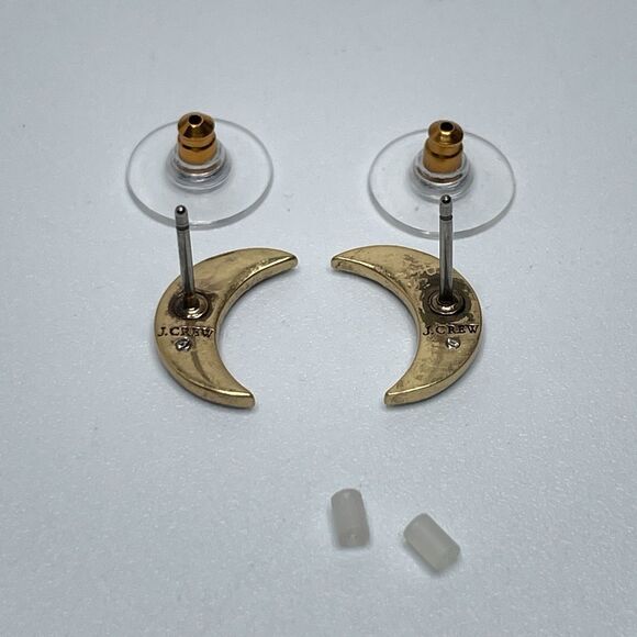 J. Crew Pavé Crystal Moon Stud Earrings Celestial Boho Dainty Gold Tone Crescent - Picture 6 of 8